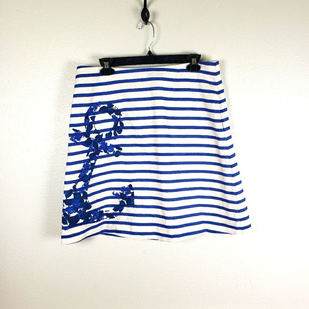 Boden Women's Blue Striped Blue Emborided Floral Anchor Zip Up Skirt Size 10R